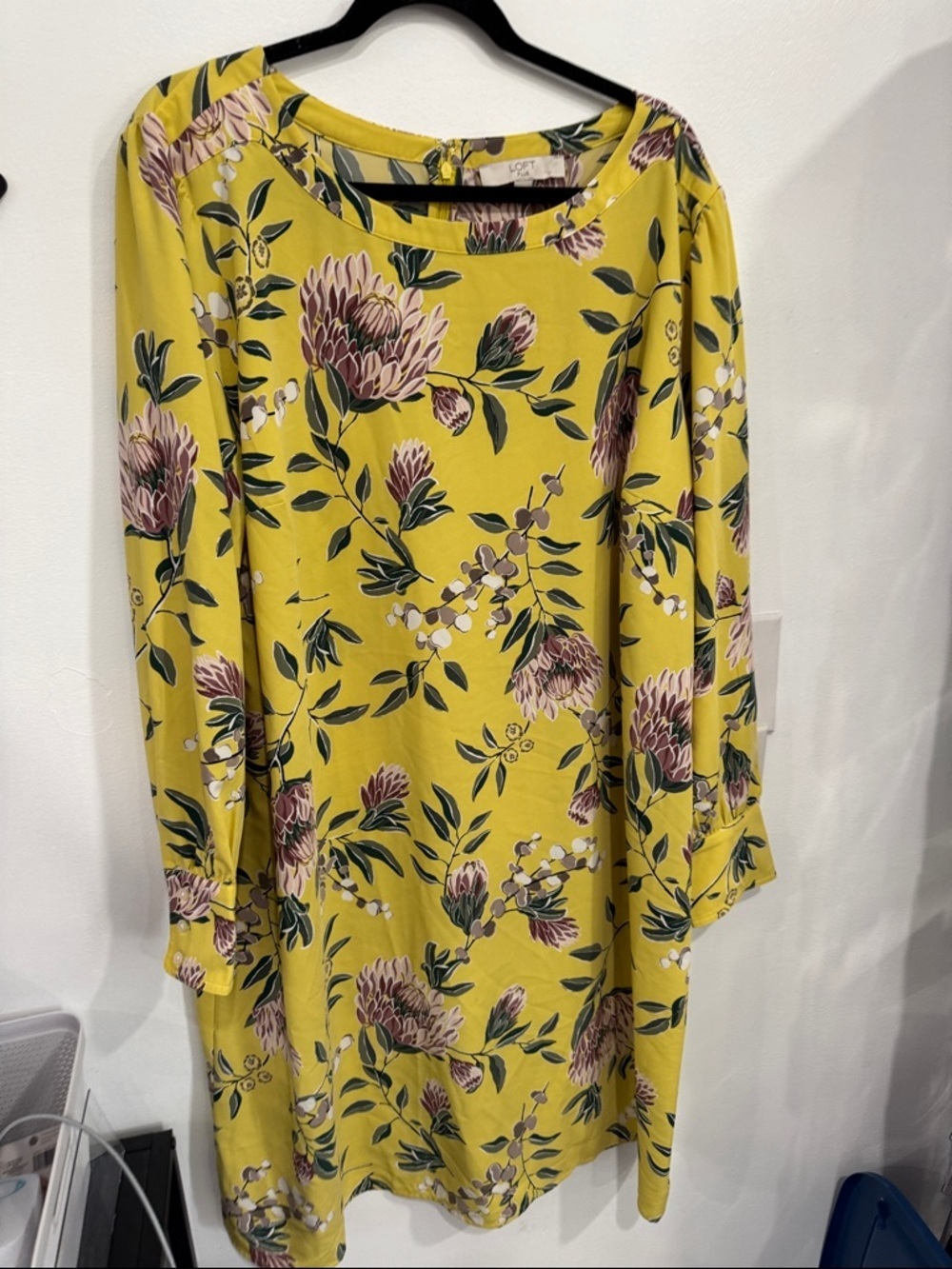 LOFT Yellow Floral Long-Sleeve Shift Dress